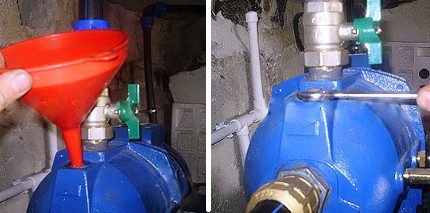 Filling a pumping station before pumping water from a well Station testing