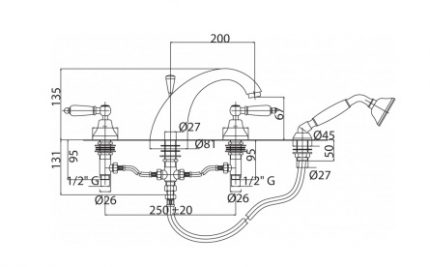 Ang scheme ng sukat para sa pag-install ng panghalo sa board na paliguan Ang diagram ng pag-install ng panghalo sa board ng bathtub