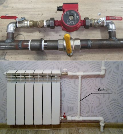 Single pipe heating system diagram with bypass Bypass connection for pump and radiator