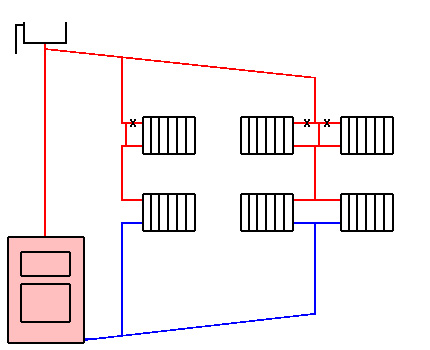 Scheme ng pagpainit ng tubig na may natural na sirkulasyon at nangungunang mga kable Ang solong pipe patayo na layout