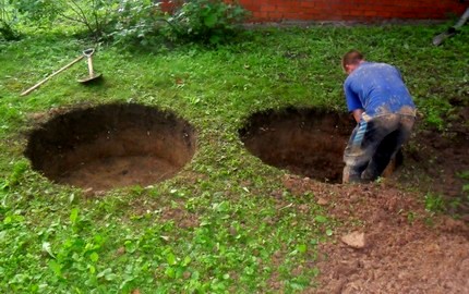 Fúrások egy kétkamrás betongyűrűkből készült szeptikus tartályhoz Egy lyuk ásásának kézi módja