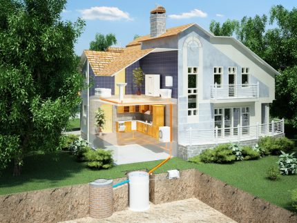 Fast septic tank installation diagram with filter well Scheme of a septic tank with a drainage well