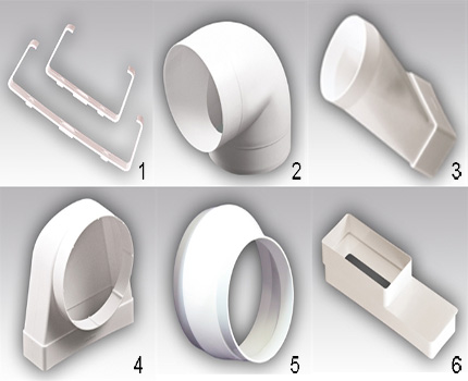 Options for connecting parts for the device of the duct for the hood Shaped elements from plastic set 2