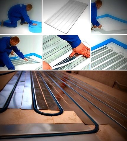 Installation d'un plancher chauffant à l'eau sous linoléum sur un socle en bois L'appareil est un chauffage au sol sous linoléum