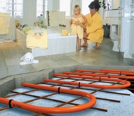 Coating in the scheme of the device for underfloor heating Laying tiles on a water-heated floor
