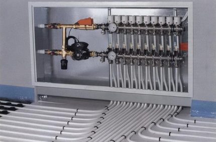 Wardrobe-mounted distribution manifold for underfloor heating Cabinet for installing the underfloor heating manifold