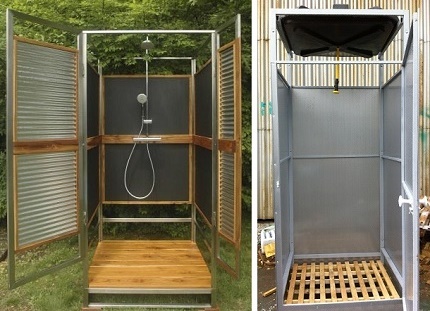 Douche en bois au sol teinté Douche en bois au sol teinté