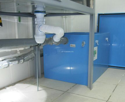 Grease trap is easy to clean after filling Fat trap is especially needed in the kitchens of cafes and restaurants