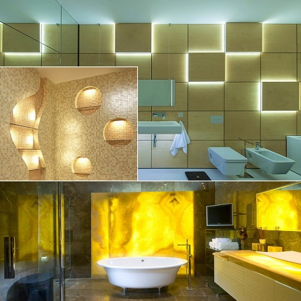 Organization of lighting in the bathroom with LED strip Design options