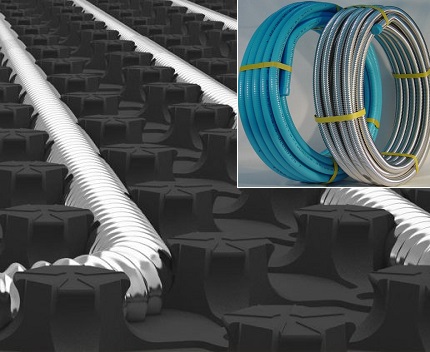 Corrugated pipes in the device of underfloor heating Stainless steel pipes