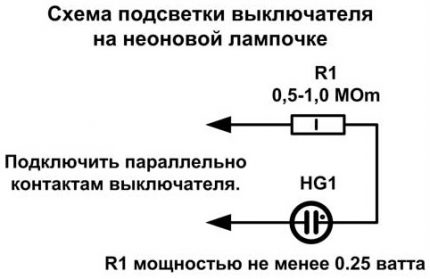 Tilslutning af en neonbelyst switch Forbindelsesdiagram over en afbryder på en neonpære