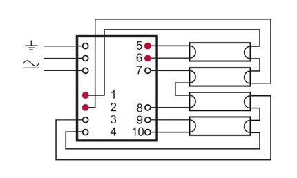 Apat na light source circuit Koneksyon ng apat na lampara sa electronic ballast