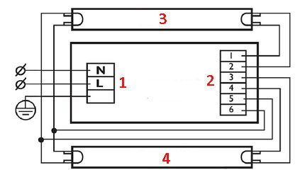 Sa katawan ng aparato, ipinapahiwatig ng tagagawa ang bilang ng mga adjustable lamp Koneksyon ng dalawang lampara sa electronic ballast