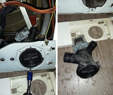Socket for pump for draining water from the washing machine Drain pump and nozzle cleaning