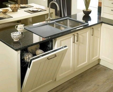 Built-in models of machines for dishes Dishwasher integrated in furniture set