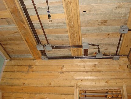 Les fils électriques sont placés dans des tuyaux métalliques. Tuyaux métalliques au plafond