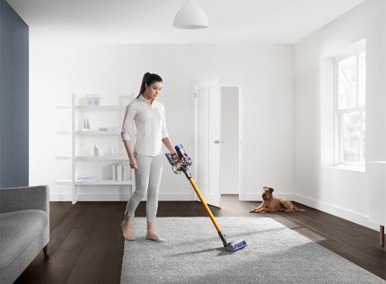 Dyson Vertical Cleaning Girl vacuuming Dyson machine