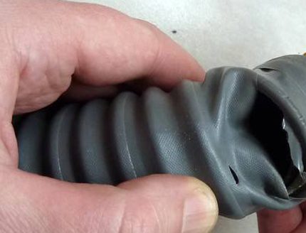 Scotch tape will not save the situation with a broken hose Rupture of corrugated hose