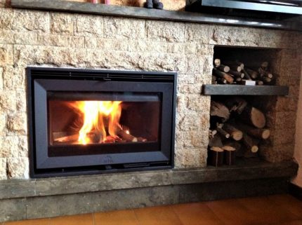 Kahoy na nasusunog na kalan sa anyo ng isang insert ng fireplace Ang built-in na fireplace insert
