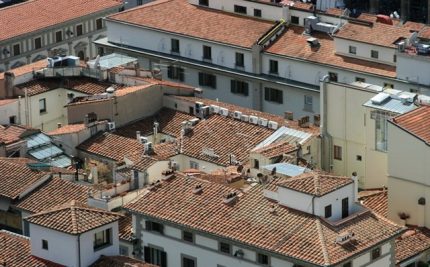 External units of air conditioners on the roofs of houses Roof split system