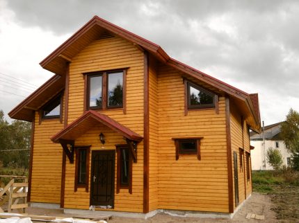 Facade of wood panels Wooden cladding at home