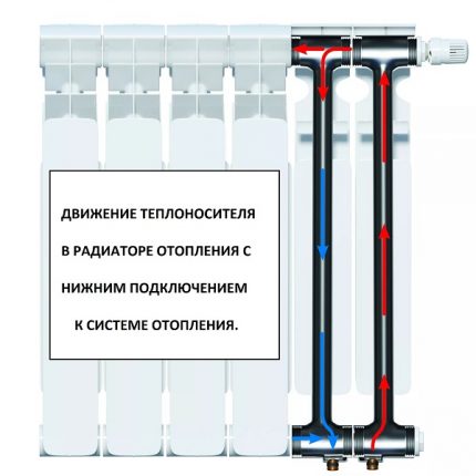 The principle of movement of the coolant The radiator device with a coolant supply from below