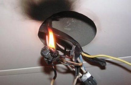 Fire due to improper connection of the lamp The consequences of improper wire selection