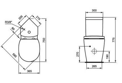 Le modèle angulaire diffère considérablement dans la forme et les dimensions du réservoir Schéma d'une toilette d'angle