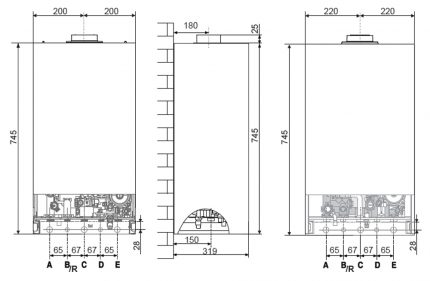 Dimensiones totales para el montaje de la caldera en la pared. Dimensiones totales para el montaje de la caldera en la pared.