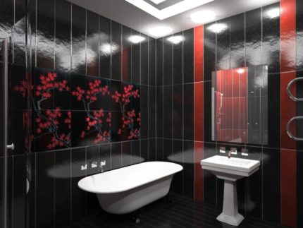 Salle de bain à panneaux en plastique rouge et noir Salle de bain à panneaux en plastique rouge et noir